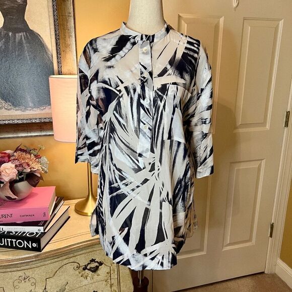 $398 NWT Lafayette 148 New York Cecilia Tunic Top Blouse Shirt Navy White SMALL - Picture 1 of 2